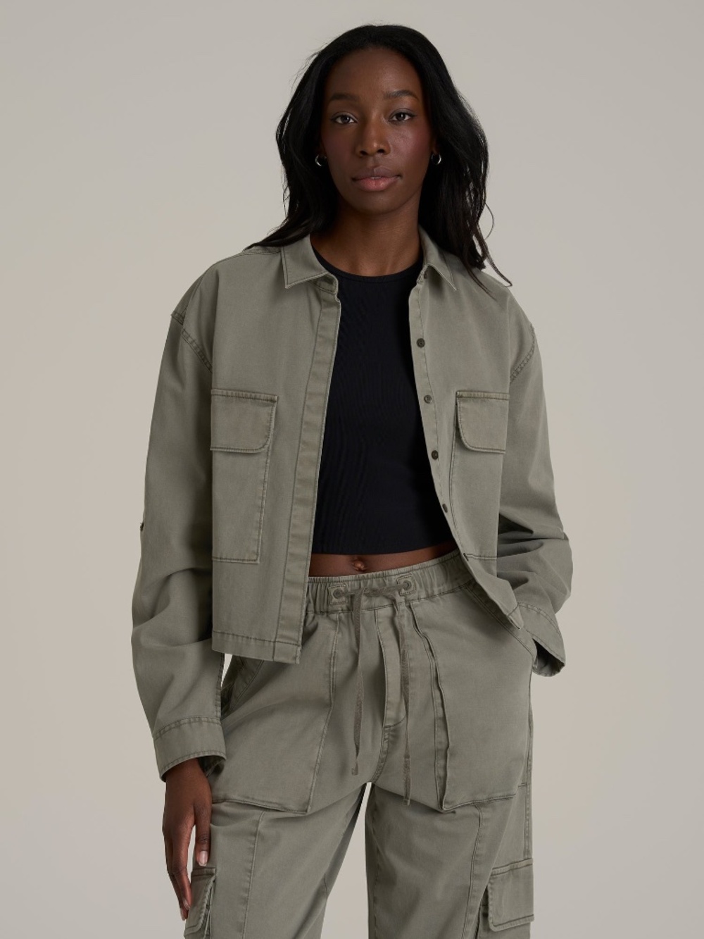American Tall Garment Dyed Utility Shirt for Tall Women in Camper Green Size LL